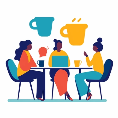 a colorful clipart-style icon with white background and some kind of shape in the background that makes the rest of it stand out that shows a diverse team of 2-3 office workers talking to an ordinary person sitting at a table with a cup of coffee and some papers, and there should be a small speech bubble above the ordinary person's head