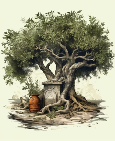 Ancient vintage artistic olive tree. In front of the tree on the ground are jars of olive oil. Vintage, Artistic, clipart, detailed