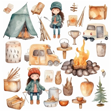 Watercolor boho camping illustrations clipart set, simple, soft colors, cartoon elements, different variants, cute little boy and girl sitting on trunk and toasting marshmellows , pots,mugs, bonfire with thick logs, teapot , separate elements with a margi