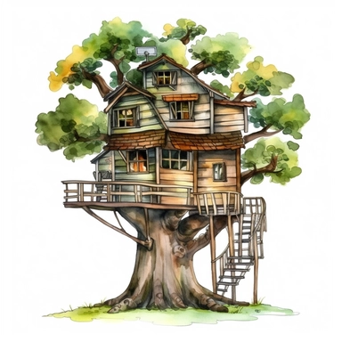 watercolour treehouse clipart illustration, on an isolated clean white background, with black ink outline and black border, cut out