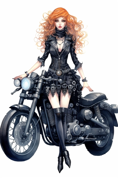 watercolor mixed media goth steampunk girl entire body illustration in front of a goth steampunk motorcycle clipart by holly hobbie