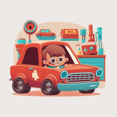 a funny red car for kids smiling in a car garage full of mechanic, flat clipart style