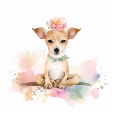 cute dog doing yoga exercise, yoga lotus flower background, watercolour clip art