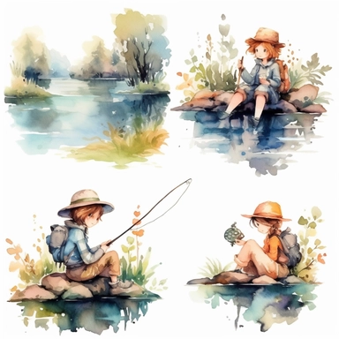 Watercolor boho fishing near a beautiful stream, illustrations clipart set, simple, soft colors, cartoon elements, different variants, cute little boy and girl fishing, separate elements with a margin