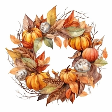 Autumn wreath, dry autumn leaves, small pumpkins, watercolor, clipart, white background