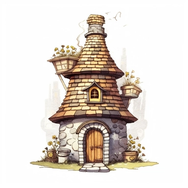 A whimsical drawing of a beehive shaped like a charming cottage, with bees flying in and out through the front door and the chimney. (Digital drawing clipart, image black border color, full body, flat texture, transparent background)