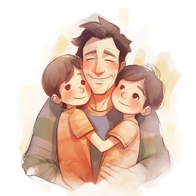 father hugging daughter and boy lovingly, smiling, Watercolor Clipart, HAPPY, strybk, full Illustration, chibi kawaii, sharp focus, watercolor, smooth soft skin, symmetrical, soft lighting, detailed face, concept art, muted colors, watercolor style, strybk, children's style fairy tales, Octane rendering, 3D, Perfect face, detailed face, delicate face, perfect sharp lips, detailed eyes. Craig Davison, Aubrey Beardsley, Conrad Roset, Aikut Aidogdu, Agnes Cecil, 8k