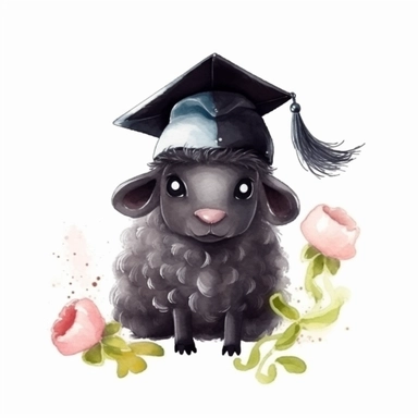 cute black sheep in the graduation hat, detailed, cartoon style, 2d watercolor clipart vector, creative and imaginative, floral, hd, white background