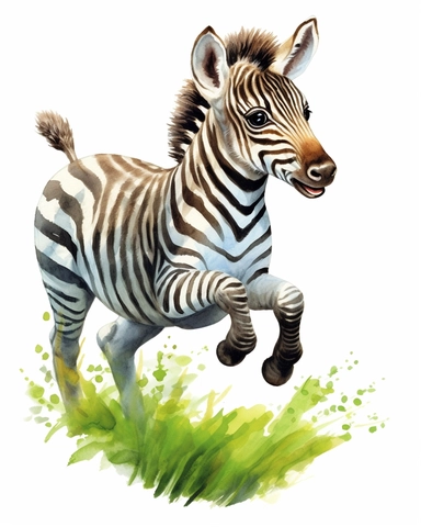 detailed watercolor Baby Zebra jumping on grass , hyper realistic, isolated on a white background, clipart