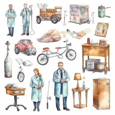 watercolor doctor related scenes , illustrations clipart set, simple, , cartoon elements ,different variants , glucometer, insulin syringe, nurse, doctor, stethtescope, mechanical body weighing scale, tweezers, microscope, ambulance, , separate elements with a margin
