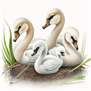 swan babies in their habitat clipart, white background