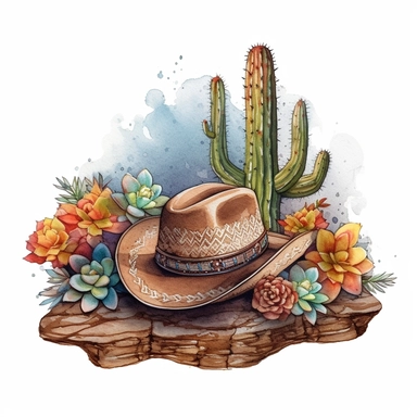 Craft a mesmerizing watercolor clipart illustration on a white isolated background vector, showcasing a luxuriously painted leather cowboy hat with colorful floral patterns delicately perched on a rocky desert surface, casting a beautiful shadow beside a majestic cactus plant. Take inspiration from the artistic style of Lian Quan Zhen, a celebrated watercolor artist recognized for his fusion of Eastern and Western techniques, to create a composition that balances precision and spontaneity, captu