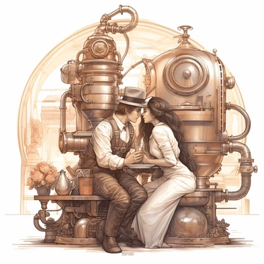 In the cozy corner of a steampunk café, amidst the aroma of freshly brewed coffee and the soft glow of vintage lamps, a couple leans in for their first kiss, their love steeped in warmth and sweetness. Ultra high quality, intricate detail, retro-futurism, pastel clipart, white background
