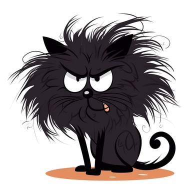 A cartoon-style clipart of a black cat with wild, frizzled fur, looking overwhelmed and exhausted.