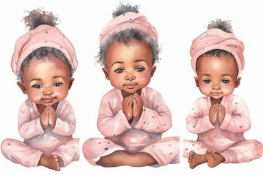 6 Watercolor happy cute beautiful brown skin african American baby girl praying wearing pink pajamas, clipart, isolated, white background, spaced out--q 2