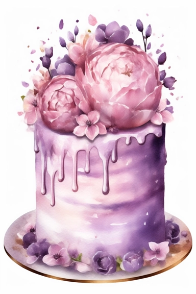amazing detailed watercolor clipart of a beautifully detailed lilac and baby pink colored birthday cake, no caption, solid white background, cinematic light lighting, hyper-detailed, 8k, high resolution, symmetrical, full shot photograph, insanely detailed and intricate, beautiful, elegant, glamour, watercolor, cinematic