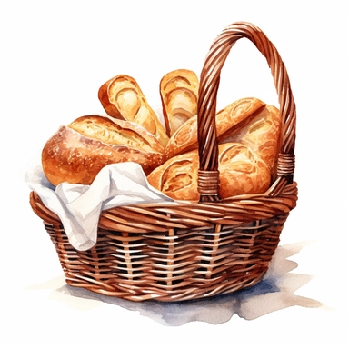 a basket of dark bread and baguette clipart watercolor