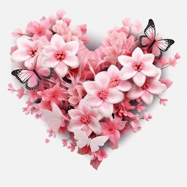 3D exceptionally beautiful pink flowers and butterflies in 3D, heart shaped, clipart, white background