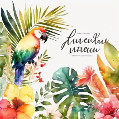 Tropical Watercolor Clipart - Tropical Clipart, white background, Tropical Vibes, lush foliage, vibrant flowers, exotic birds, palm leaves, hibiscus, parrots, toucans, jungle scene, serene atmosphere, NO TEXT, tranquil setting, refreshing ambiance, sunlit environment, warm breeze, dappled sunlight, subtle shadows, inviting, relaxing, peaceful, uplifting, vacation-like, digital illustration, watercolor brushes, blending techniques, vivid colors, varying opacities, high-resolution output, Adobe Ph