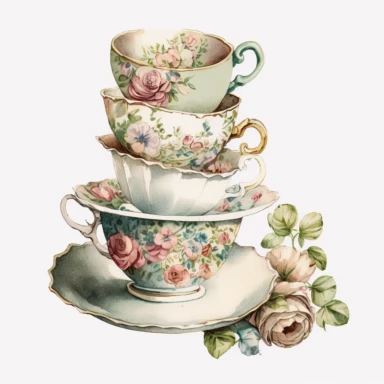 vintage old school tea cups stacked onto each other, watercolour clipart, floral art