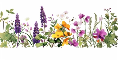 Pressed boho cottagecore floral clipart violet, honeysuckle, black-eyed susan, wild rose and orchids floral border wildflowers with green foliages floral nature garden border, clipart with white background