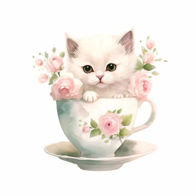 cute white little kitten and vintage roses arranged in a vintage teacup, pink pastel colors, light watercolor, few details, dreamy, Studio Ghibli, clipart, white background