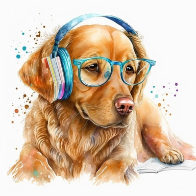 Cute dog He reads a book puts headphones dancing watercolor clipart best puts on glasses
