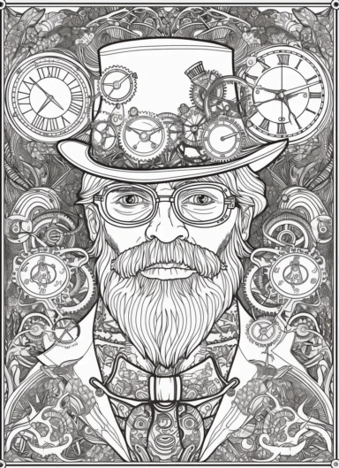 smiling and distinguished senior man portrait beard and mustache no glasses, dressed in steampunk elements, line art for coloring book, black and white, line art, coloring page, printable, thin lines, no details, no shadows, sharp lines, illustration, vector, clipart, landscape background