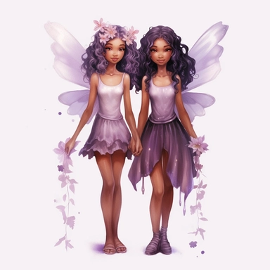 twin cute brown skin fairy girls clipart watercolor purple dress [turnabout] front view, looking at camera cw, 8k, hd v5 line drawing full body length