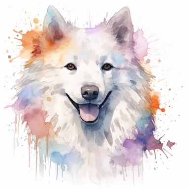 American Eskimo dog, water color style, clipart, white background