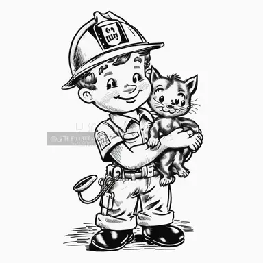retro cartoon comic little kitten holding a firefighter in his arms , black and white vintage art clipart illustration, white background,
