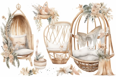 create a baby nursery watercolor clipart set of boho items. Zen baby in swing crib Boho style images beautifully and intricately detailed on a white background.