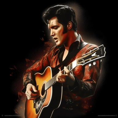 portrait view, full view, beautiful image of Elvis Presley with guitar and microphone, black, red and gold colors, exact image, romantic, fantasy, sharp focus, high detail, ethereal, 8k illustration clipart style, transparent background, (--iw 8)