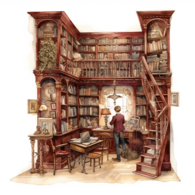 watercolor, hyper realistic, white background, white margins, 16k, ultra detailed clipart, cut out image, hand-drawn, whimsical a Victorian person writing a letter with a quill pen in a Victorian-style library, surrounded by bookshelves and a ladder, with a color scheme of burgundy and warm beige.