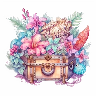 clipart, isolated on white background, Watercolor spring ornated treasure chest with jewelry on the beach, sea animals, detailed, flowers, ornated, pastel colors