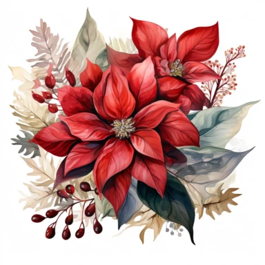A isolated watercolor clipart, christmas red poinsettia bouquet, white background, Art Nouveau, highly detailed,