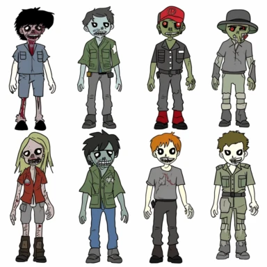 a set of black line clipart inspired by zombie wars and eat the rich and income inequality and class warfare and The Purge and retro rubber hose style animation