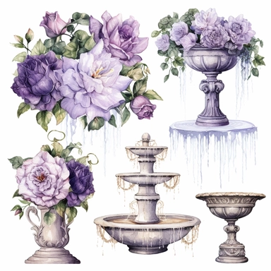 vintage purple rose fountains clipart set handwriting on white background