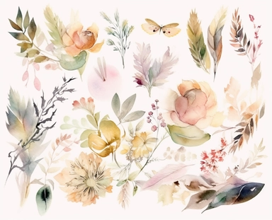 watercolor flower clip art for april, in the style of dreamlike composition, ethereal foliage, luxurious fabrics, pictorial dreams, beige, use of bright colors, poetic pastoral scenes