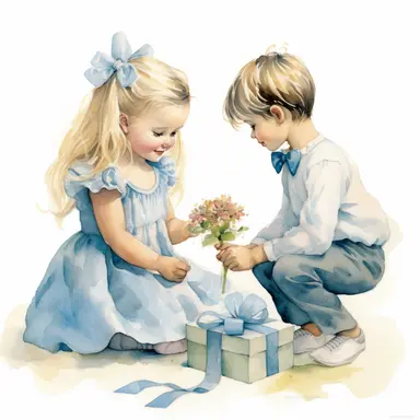 a cute little girl about three years old, with pigtails on her head and blonde hair, wearing a flowing lila dress and socks on her feet, receives a flower as a gift from a cute boy with rosy cheeks about 4 years old, who is in love in her and she is verry happy about it, babyblue, lila, white aquarell, clipart
