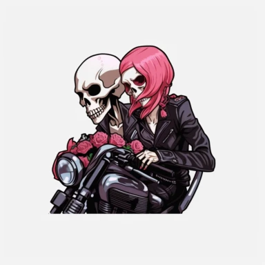 side view of two skull head motorcyclists one being a woman the other a man and looking like they were just married with cans being pulled by bike riding a harley clipart
