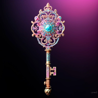A mesmerizing clipart showcasing a legendary fairy tale tool: a shimmering and ornate key of wondrous proportions. The key should possess intricate details, such as delicate engravings depicting mythical creatures or symbols of magic. Its handle should be crafted from a rare and iridescent material, radiating an ethereal glow. The teeth of the key should be intricate and unique, as if they hold the secrets to unlocking mystical realms. Place the key against a pristine white background