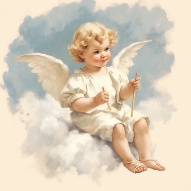 vintage adorable little baby angel sitting on a cloud, full body, pastel beige colors, clipart style, accurate details, oil painting technique, super high quality, professional watercolor clipart, high resolution
