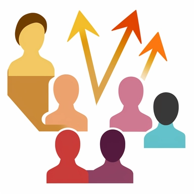 an illustrative clipart showing a series of member profile icons, showing an increase in completion percentage, with a graph or arrow indicating upward growth in the background.