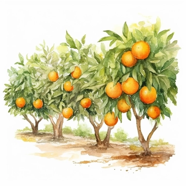 watercolor orange grove clipart, white background