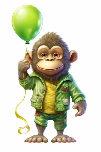 hp clipart,super cute baby monkey orangutan dressed in light summer clothes holding lemon green balloons in his hand, on white background, vector , fully detailed, full body figure view