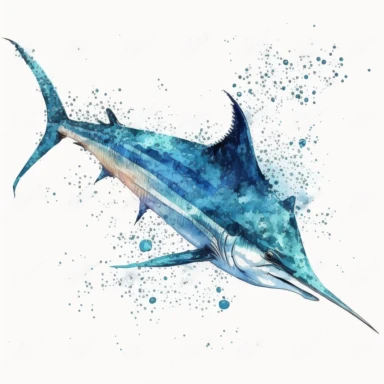 watercolor clipart of a marlin fish clipart , cute cartoon marine animals, watercolor, watercolor paper texture, no background. clear simple shapes. isolated clipart. Adorable. High quality.