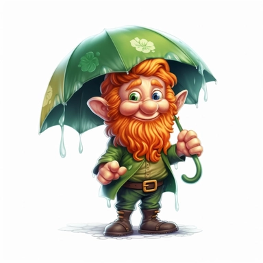 Cute Adorable magical little Leprechaun with a red beard holds laterally a huge umbrella in his hand wears a raincape and stand in the rain on a country road, correct umbrella, clipart, photorealistic illustration, high detail, 8k polished, 8k, vibrant colors, white background, sticker