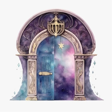 Watercolor Celestial Door Clipart, half open fantasy magic door, high detail, high quality, white background