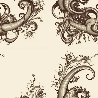 vintage clip art style, tentacles with suckers, corner scroll embelishment flourish style, corner frame design, corner only, tentacles, plain background, simple lines